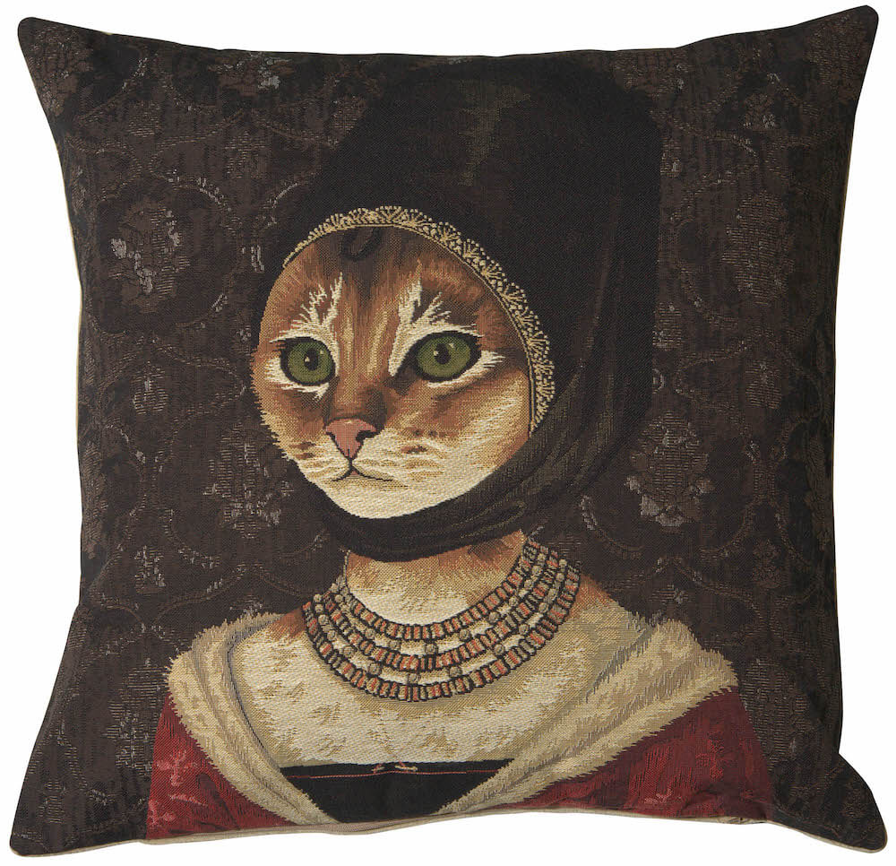 Cat With Hat A pillow cover woven in Belgium, with an animal design in brown and beige tones, with a jacquard weave
