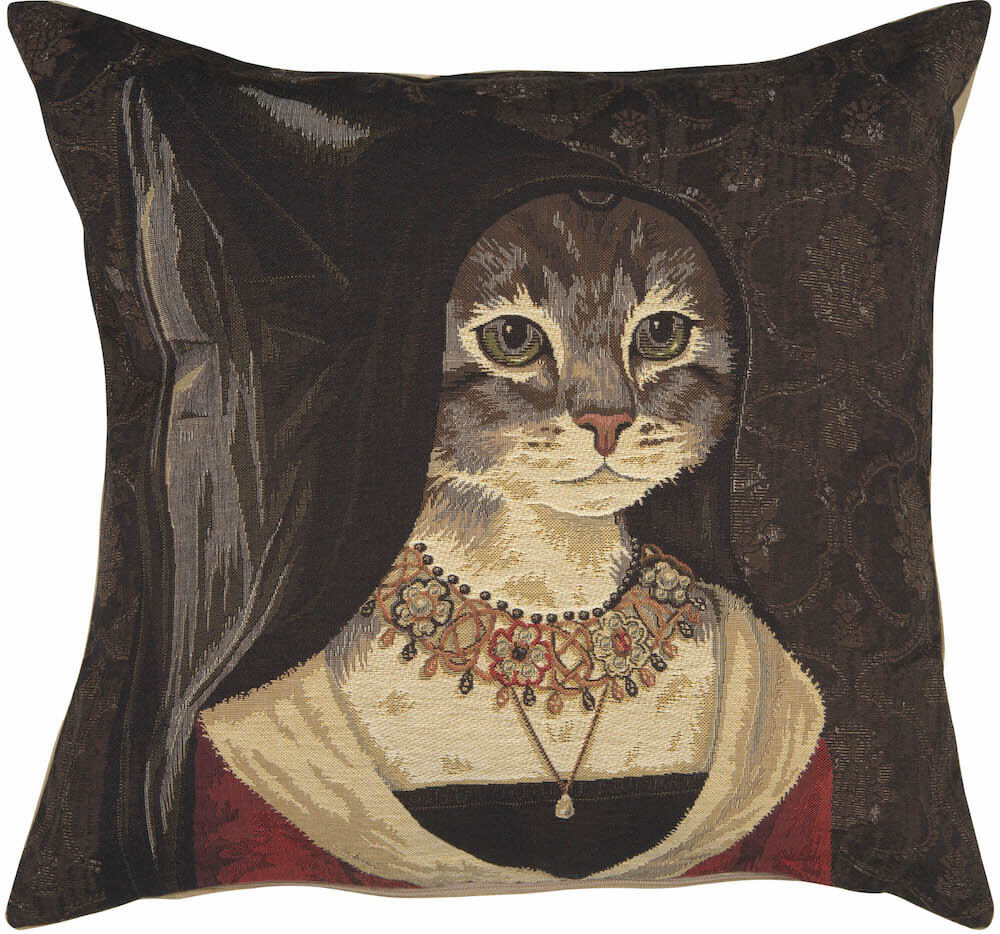 Cat With Hat B pillow cover woven in Belgium, with an animal design in brown and beige tones, with a jacquard weave