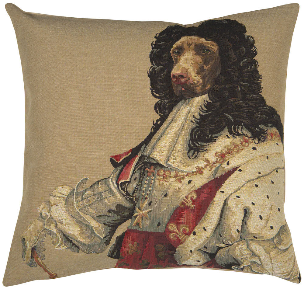 Chien Louis XIV pillow cover woven in Belgium, with an animal design in brown and beige tones, with a jacquard weave