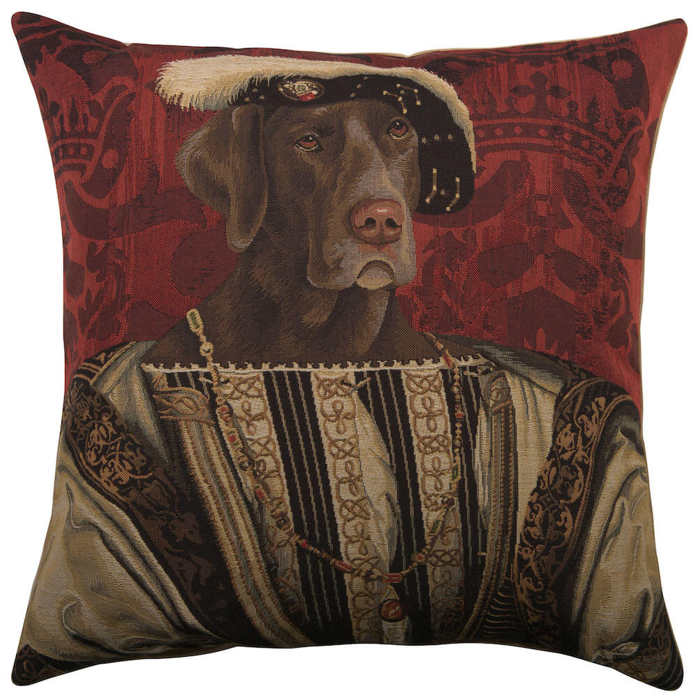 Chien Francois Premier pillow cover woven in Belgium, with an animal design in red tones, with a jacquard weave