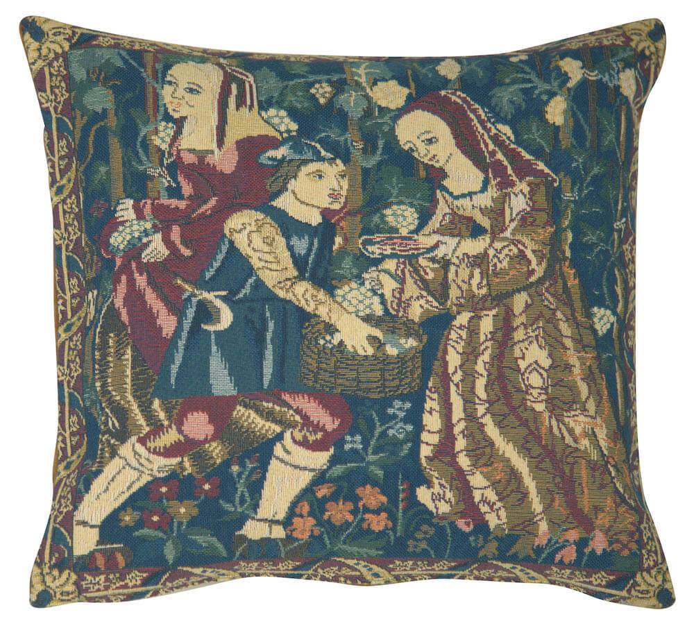 Wine Making I pillow cover woven in Belgium, depicting a scene from the Vendages Belgian tapestries