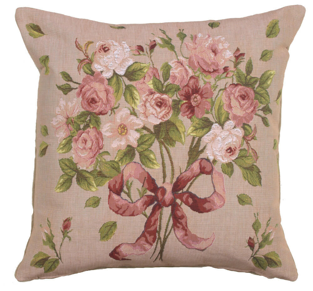 Bouquet De Roses pillow cover woven in France, with a floral design in cream tones, with a jacquard weave