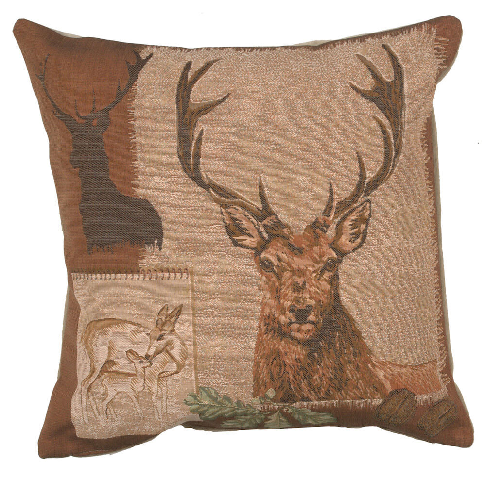 Deer Doe and Stag pillow cover woven in France, with an animal design in cream tones, with a jacquard weave