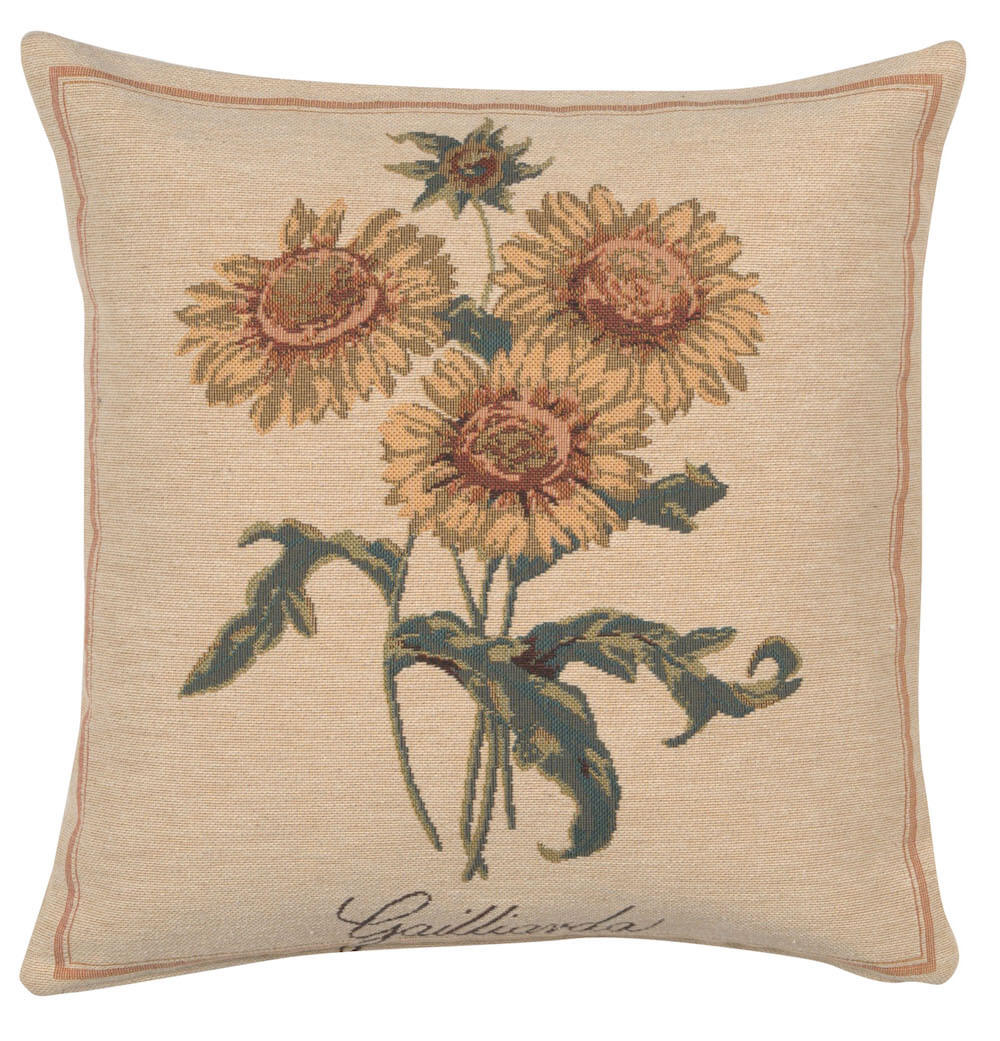 Galliarda I pillow cover woven in Belgium, depicting a rustic view of a bunch of sunflowers, sized 14" x 14"