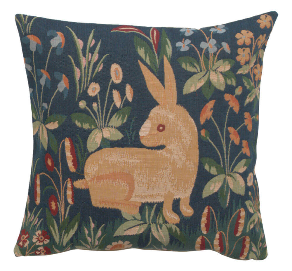 Medieval Rabbit pillow cover woven in France, with a unicorn design in blue and green tones, with a jacquard weave