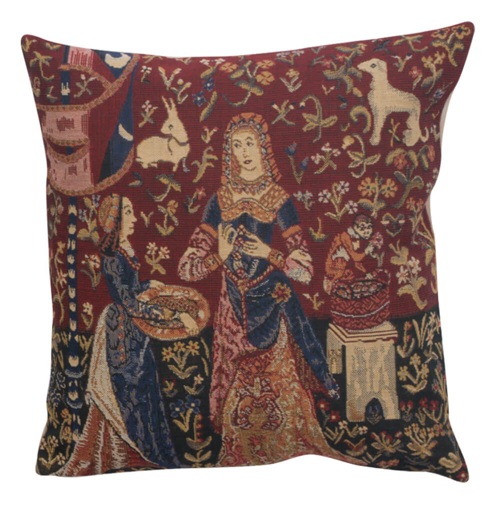 Smell II pillow cover woven in Belgium, with a unicorn design in red tones, sized 16" x 16"