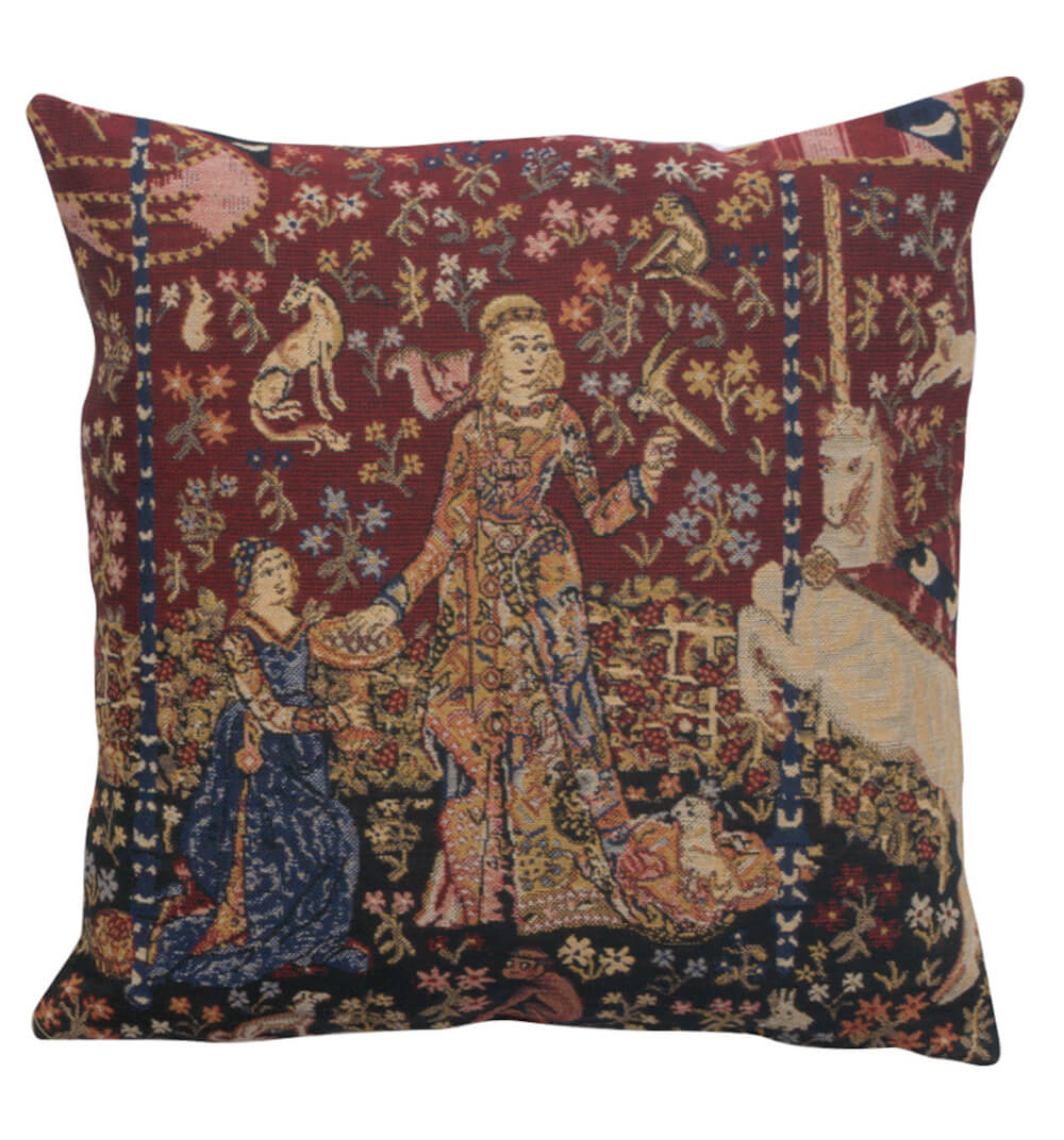 Taste III pillow cover woven in Belgium, with a unicorn design in red tones, sized 16" x 16"