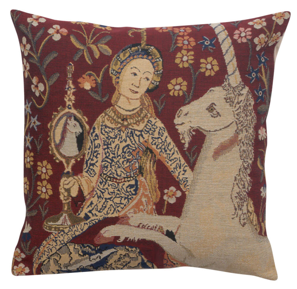 Sight III pillow cover woven in Belgium, with a unicorn design in red tones, sized 16" x 16"