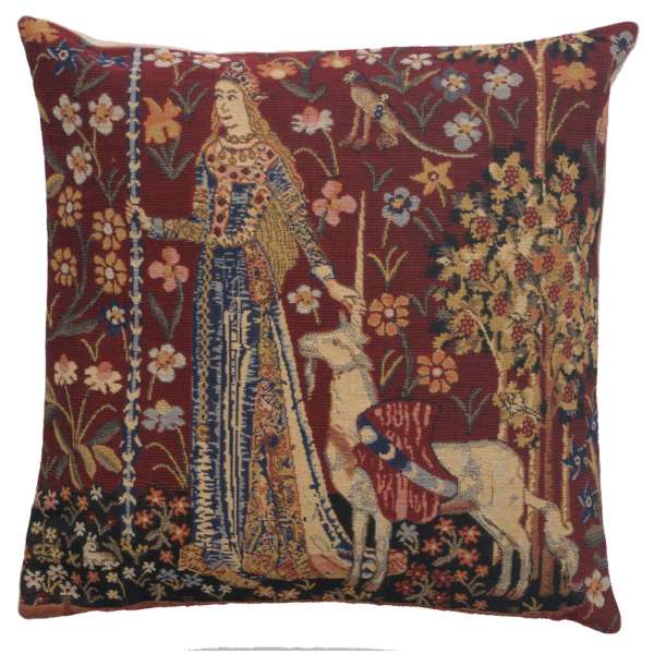 Touch pillow cover woven in Belgium, with a unicorn design in red tones, sized 16" x 16"
