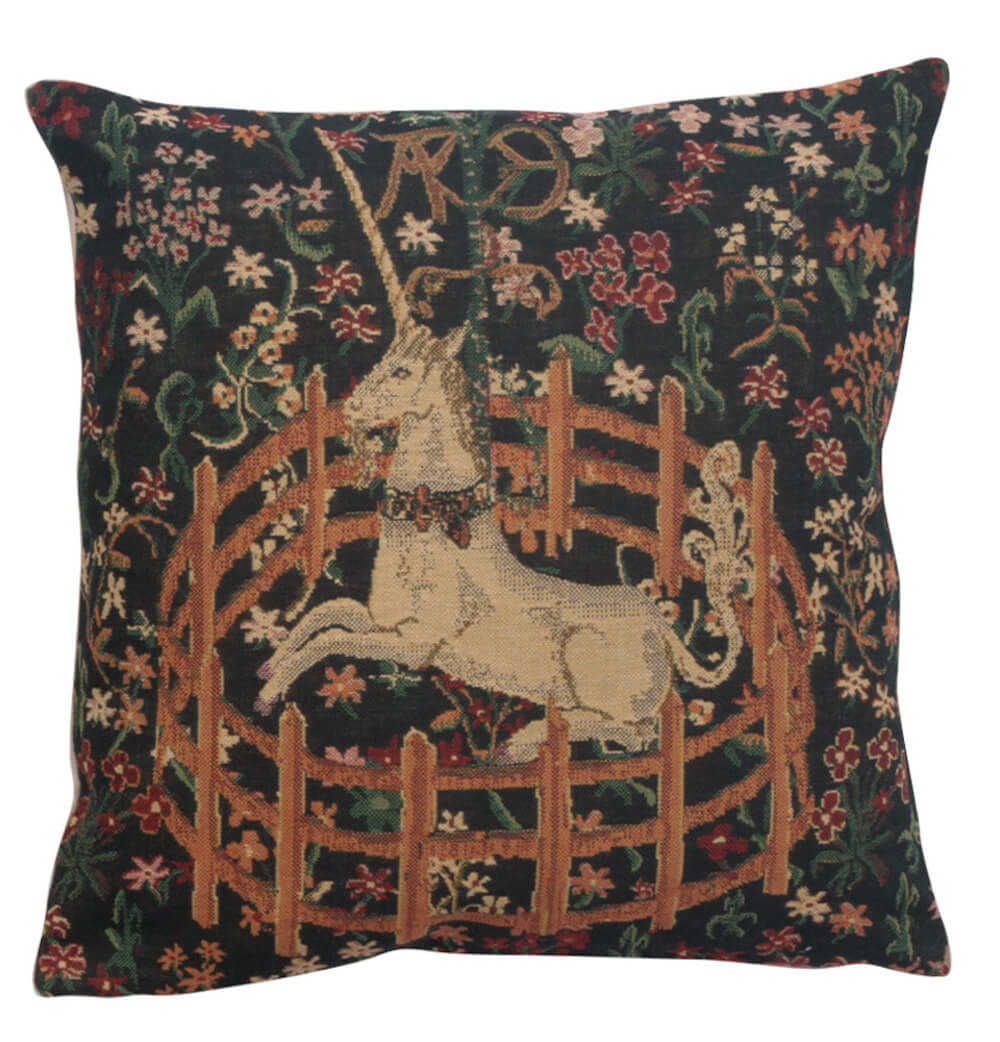 Unicorn pillow cover woven in Belgium, in green tones, sized 16" x 16"