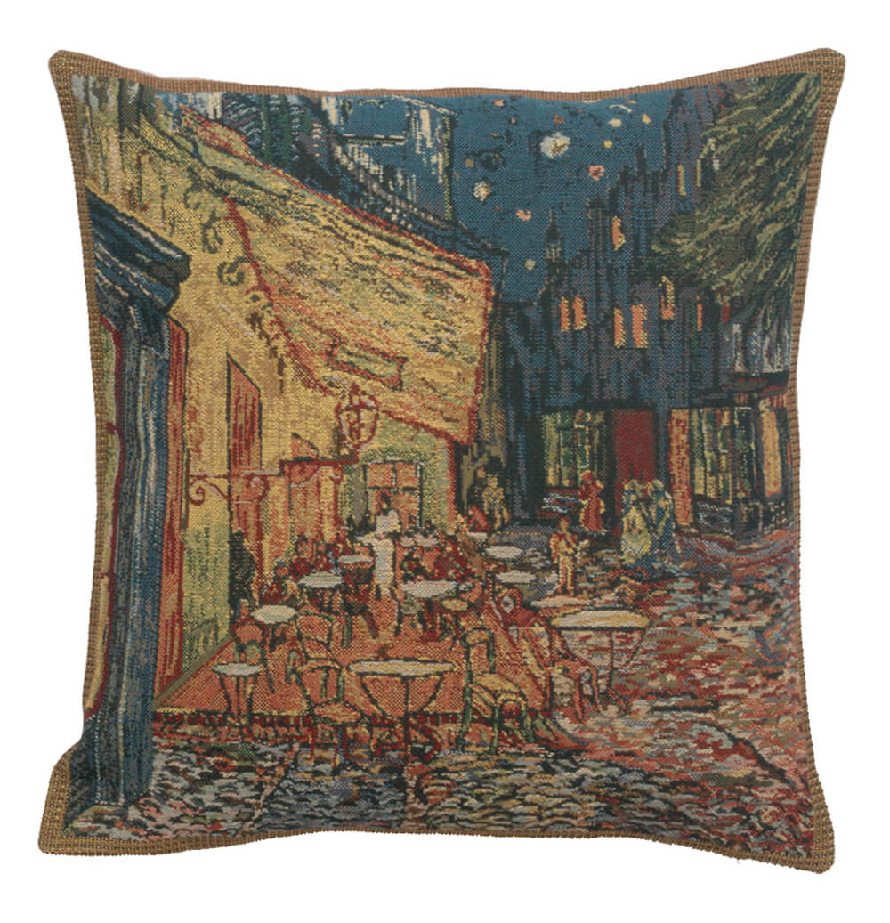 Terrace pillow cover woven in Belgium, inspired by Vincent van Gogh, in blue tones, sized 16" x 16"