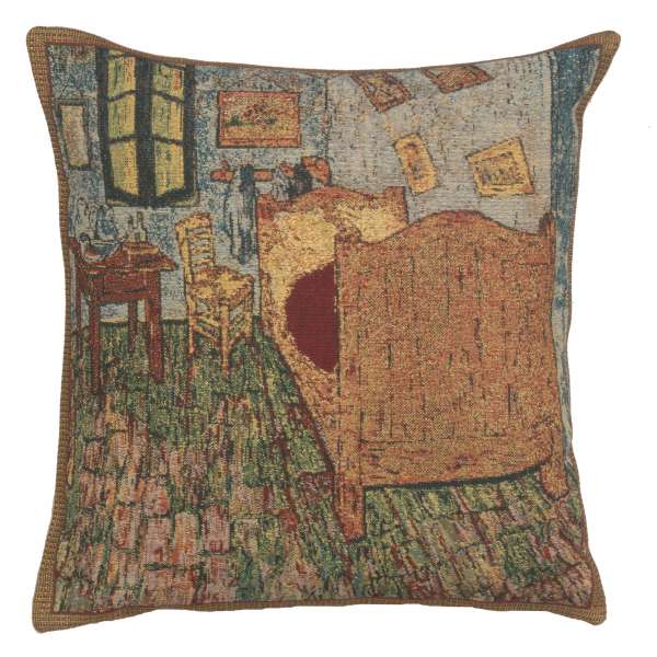 The Sleeping Room pillow cover woven in Belgium, inspired by Vincent van Gogh, depicting a bedroom scene complete with bed