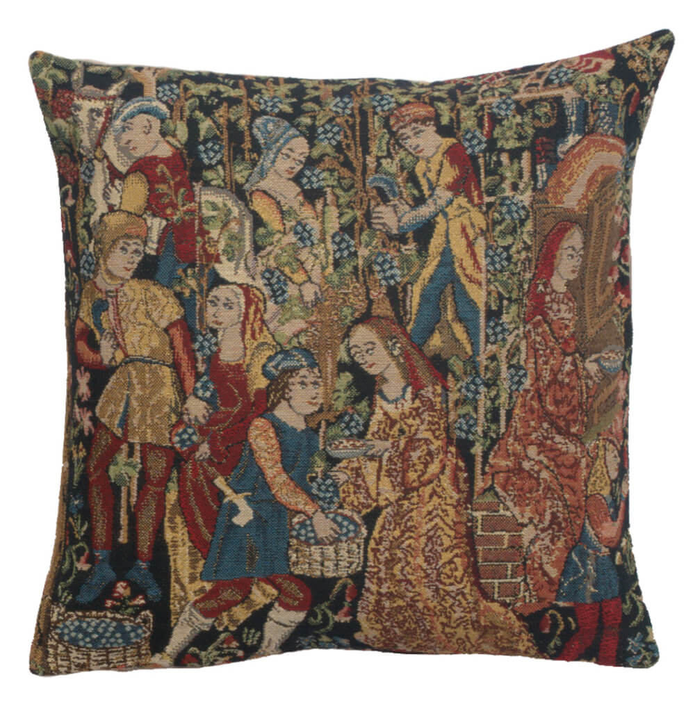 Vendages VI pillow cover woven in Belgium, with a vineyard design in green tones, sized 16" x 16"