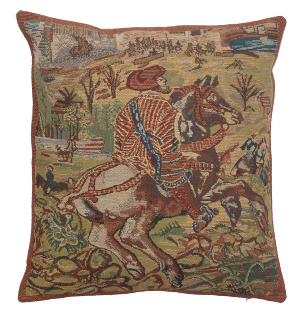 Vieux Brussels I pillow cover woven in Belgium, with a hunting scene design in green tones, sized 16" x 16"