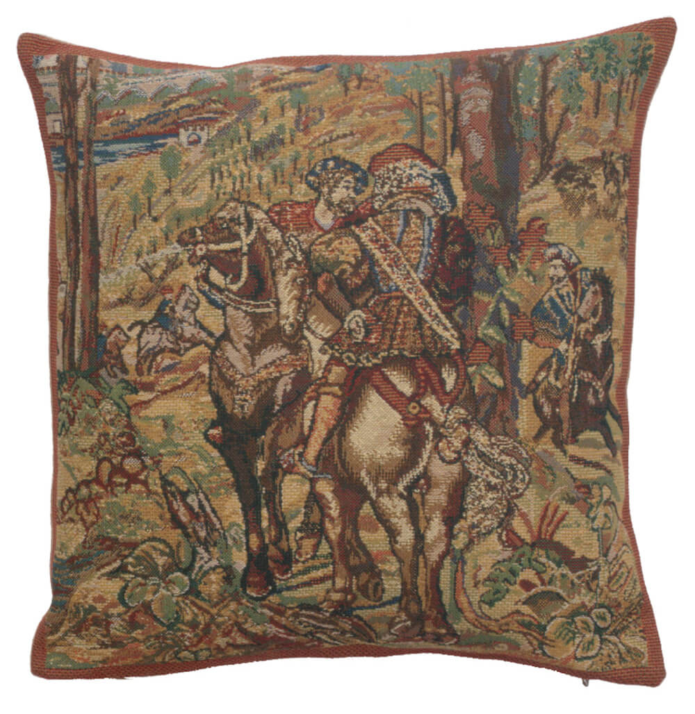 Vieux Brussels II pillow cover woven in Belgium, with a hunting scene design in brown and beige tones
