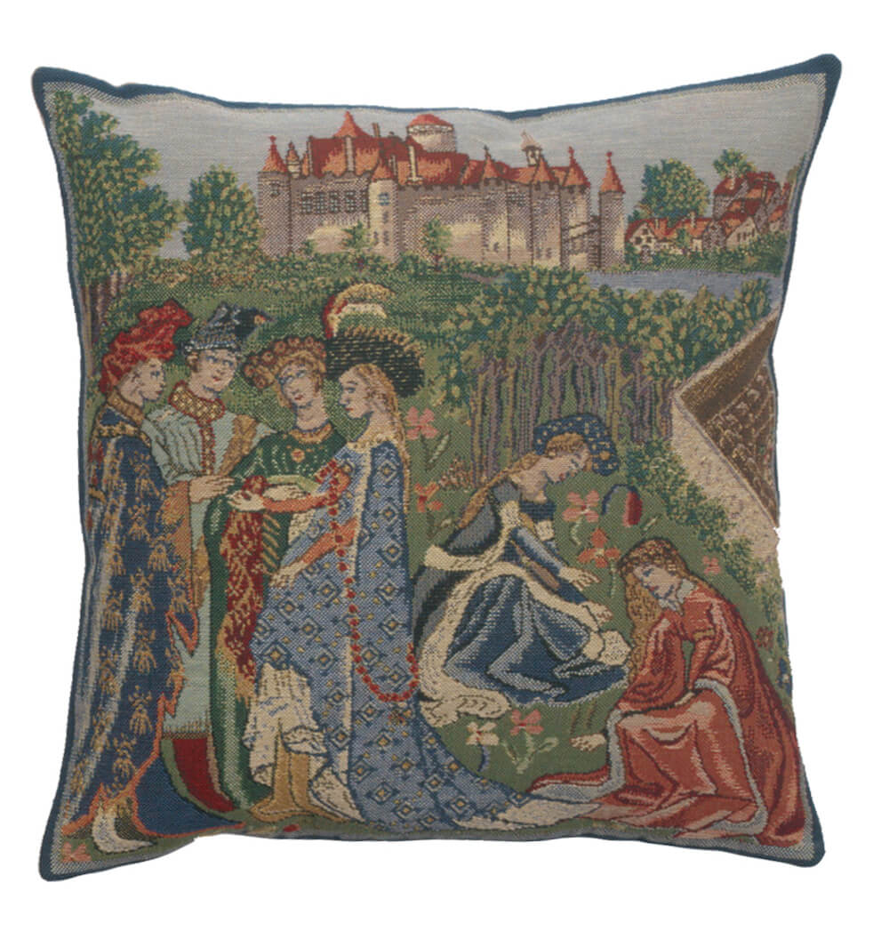 Duc De Berry I pillow cover woven in Belgium, depicting Duc De Berry Castle during the month of April