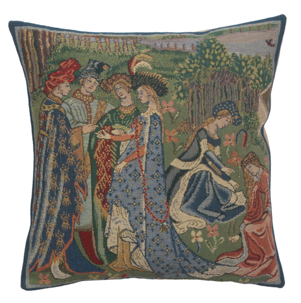 Duc De Berry II pillow cover woven in Belgium, depicting Duc De Berry Castle during the month of April