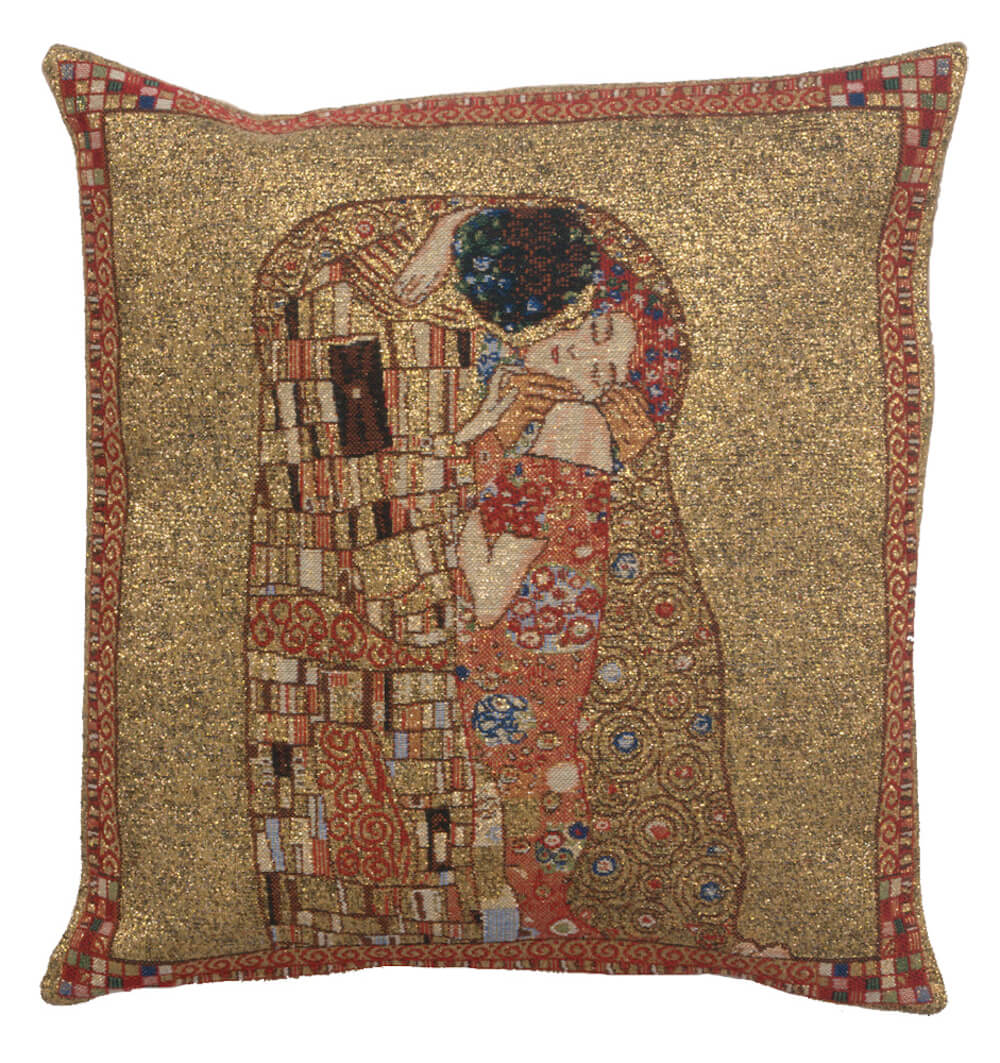 Le Baiser by Klimt pillow cover woven in Belgium, in gold tones, sized 16" x 16"