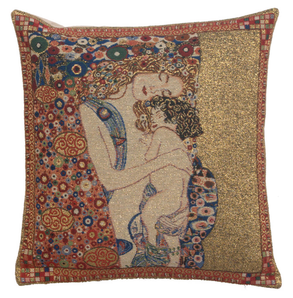 Mere et Enfant by Klimt pillow cover woven in Belgium, in gold tones, sized 16" x 16"