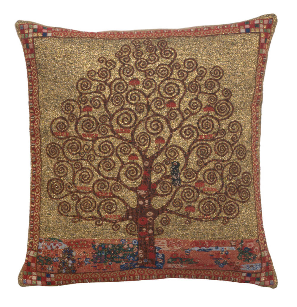 Klimt Tree of Life I pillow cover woven in Belgium, in gold tones, sized 16" x 16"