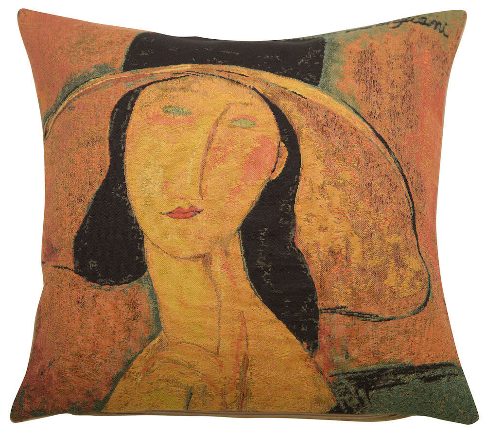 Jeanne Hebuterne in a Large Hat I pillow cover woven in Belgium, in brown and beige tones, sized 18" x 18"