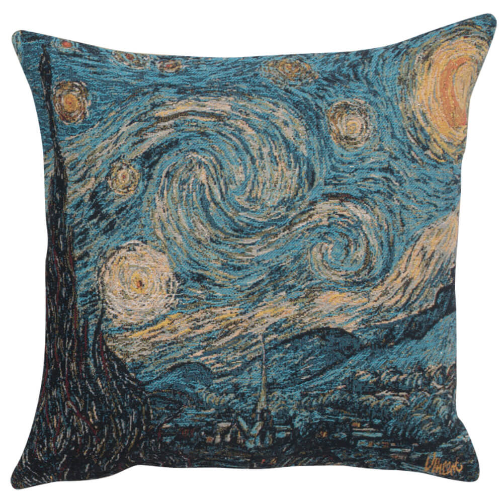Van Gogh's Starry Night Large pillow cover woven in Belgium, with a modern abstract design in blue tones