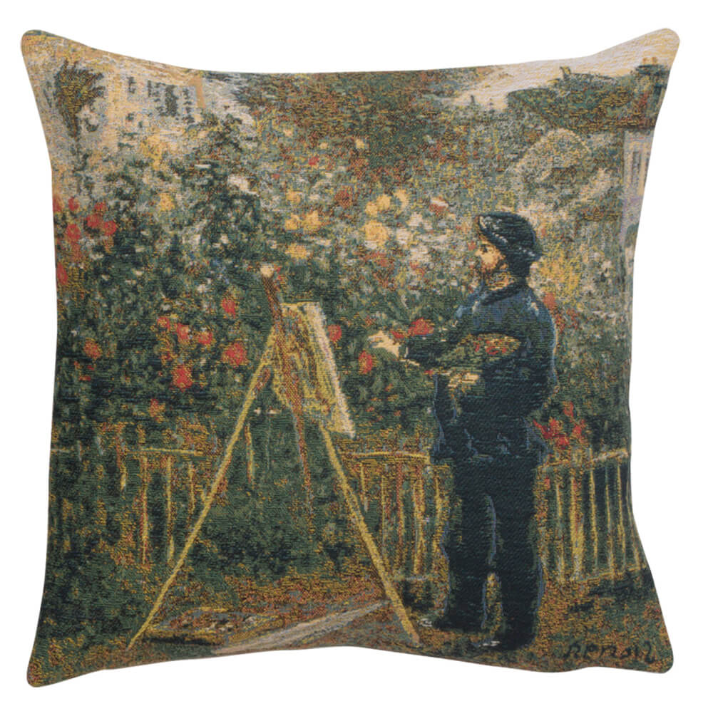 Monet Painting European pillow cover woven in Belgium, in green tones, sized 18" x 18"