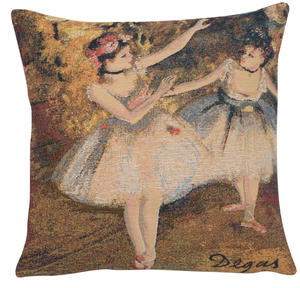 The Dancers pillow cover woven in Belgium, inspired by Edgar Degas, in brown and beige tones, sized 18" x 18"