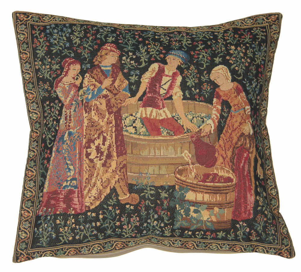 The Wine Press II pillow cover woven in Belgium, depicting a medieval scene of grapes harvest and wine making