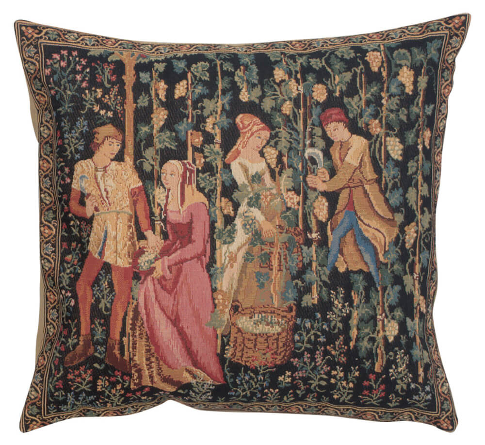 The Harvest II pillow cover woven in Belgium, with a vineyard design in black tones, sized 18" x 18"