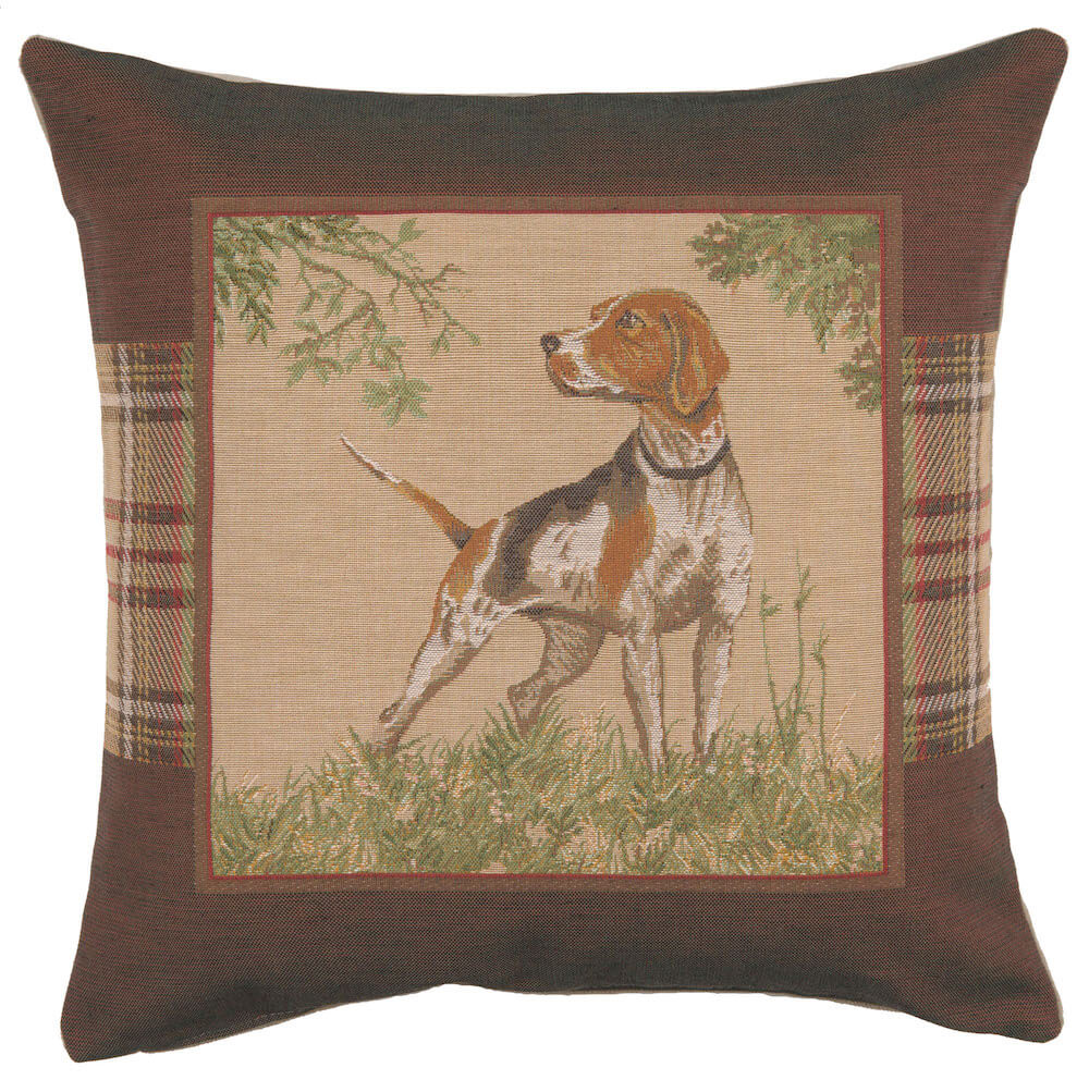 Dog Pointer pillow cover woven in France, with an animal design in brown and beige tones, with a jacquard weave