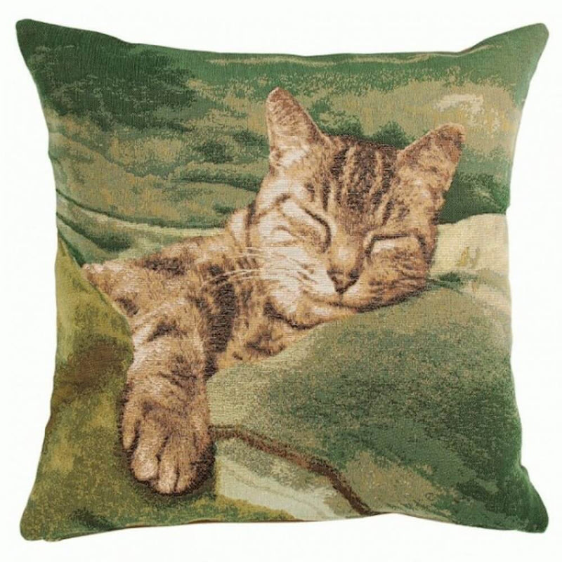 Sleeping Cat Green I French Pillow Cover