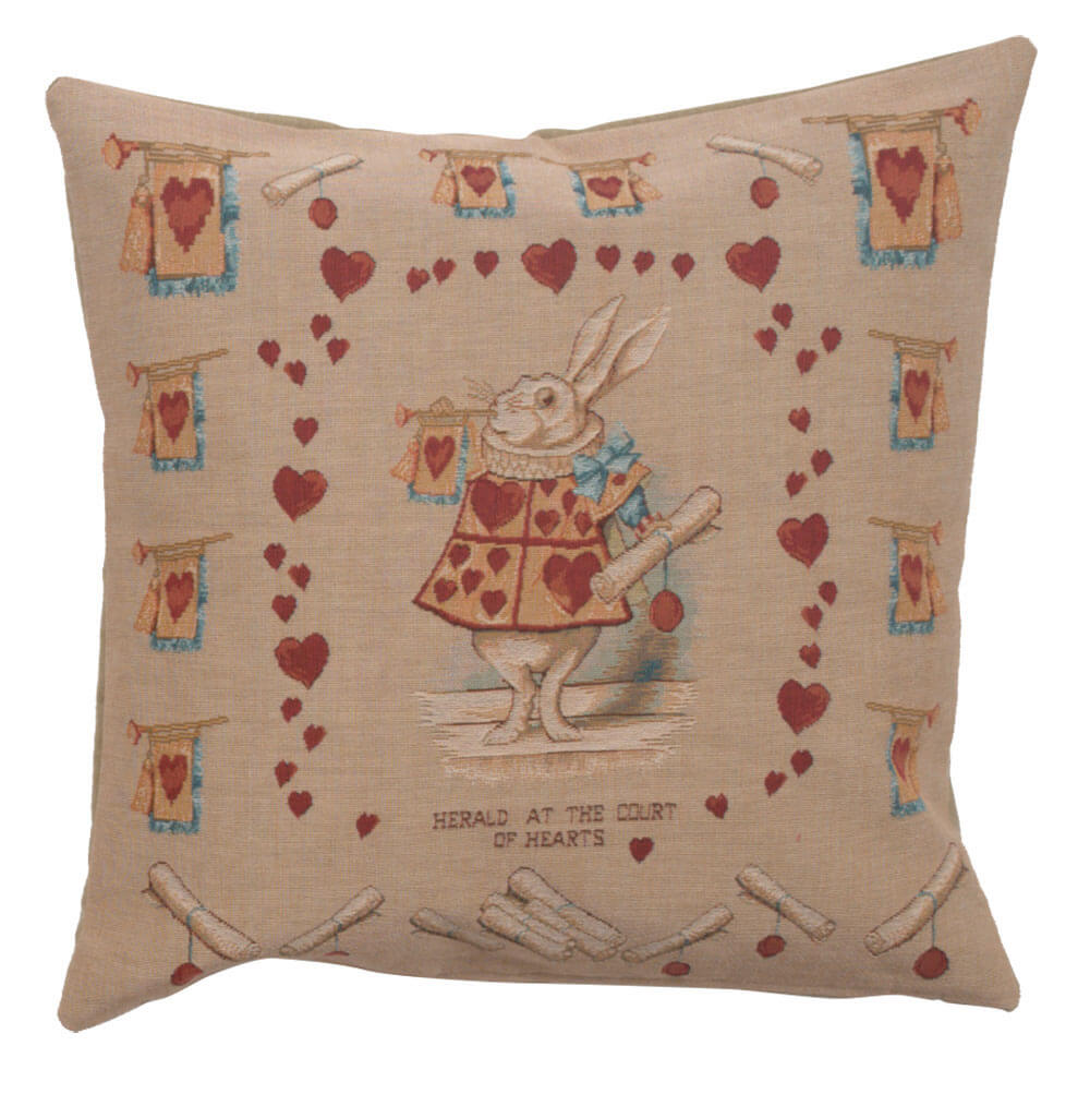 Heart Rabbit Alice In Wonderland pillow cover woven in France, in brown and beige tones, with a jacquard weave