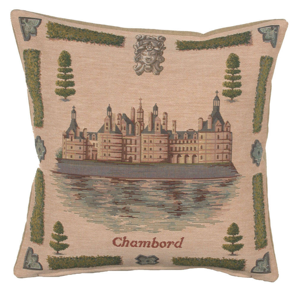 Chambord I pillow cover woven in France, with a castle design in green tones, with a jacquard weave