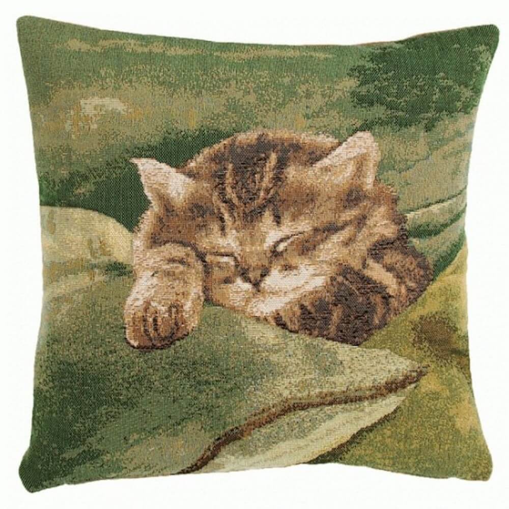 Sleeping Cat Green French Pillow Cover