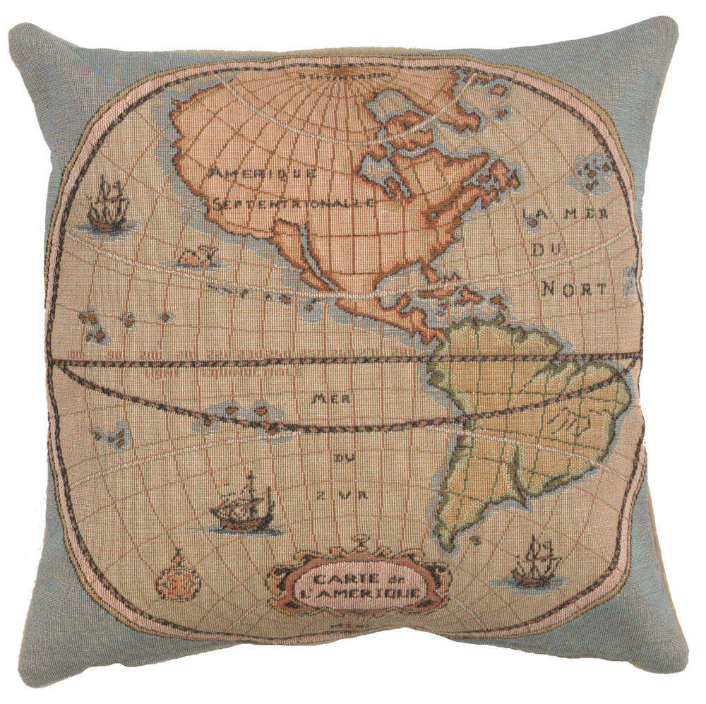 Map of Americas I pillow cover woven in France, in brown and beige tones, with a jacquard weave