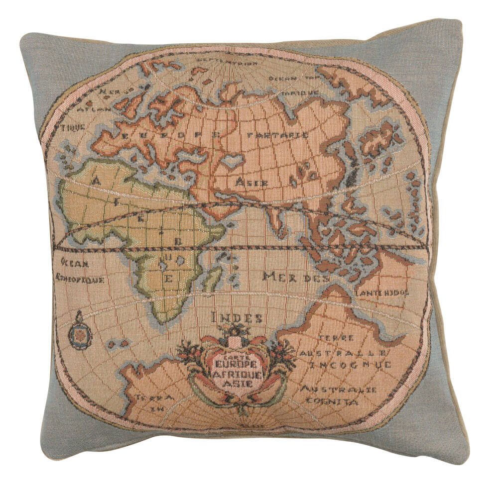 Map of Europe Asia and Africa pillow cover woven in France, in brown and beige tones, with a jacquard weave
