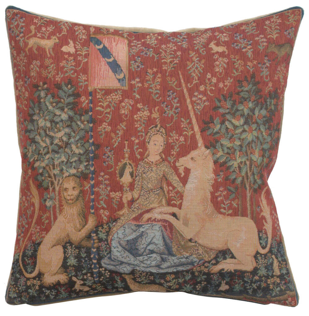 The Sight I Small pillow cover woven in France, with a unicorn design in red tones, with a jacquard weave