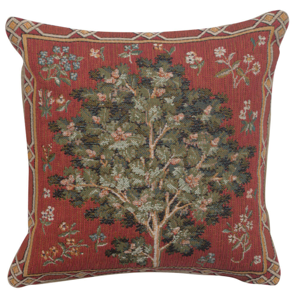 Medieval Oak pillow cover woven in France, with a unicorn design in red tones, with a jacquard weave