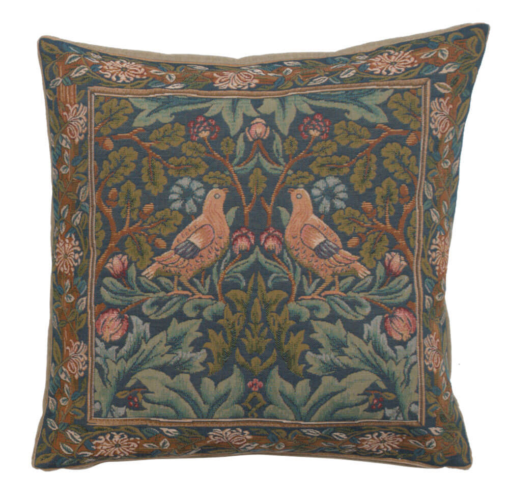 Brother Bird I pillow cover woven in France, inspired by William Morris, with an animal design in green tones