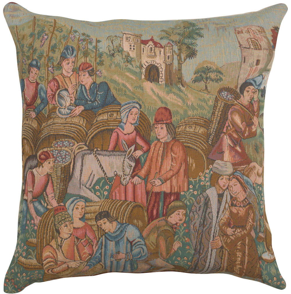 Wine Making II pillow cover woven in France, with a vineyard design in blue and green tones, with a jacquard weave