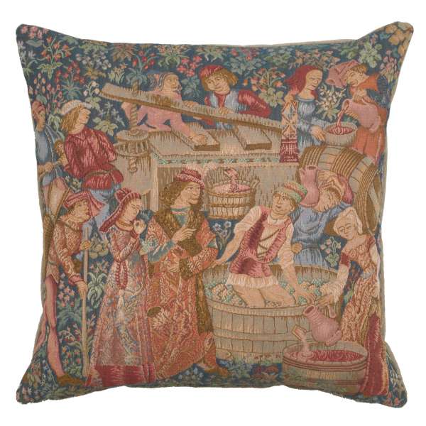 The Wine Press pillow cover woven in France, depicting men and women harvesting and processing grapes