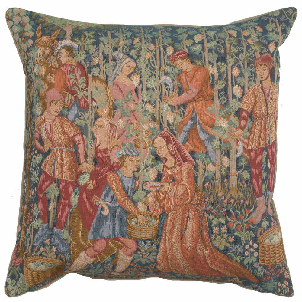 Wine Making pillow cover woven in France, depicting men and women harvesting grapes, with a vineyard design in blue tones
