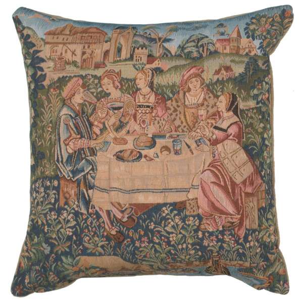 The Feast I pillow cover woven in France, with a vineyard design in blue tones, with a jacquard weave