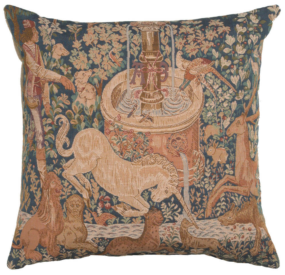 La Licorne a la Fontaine pillow cover woven in France, with a unicorn design in blue tones, with a jacquard weave