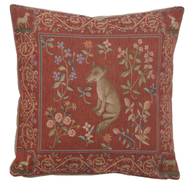 Decorative pillow with embroidered fox and floral patterns on a red background