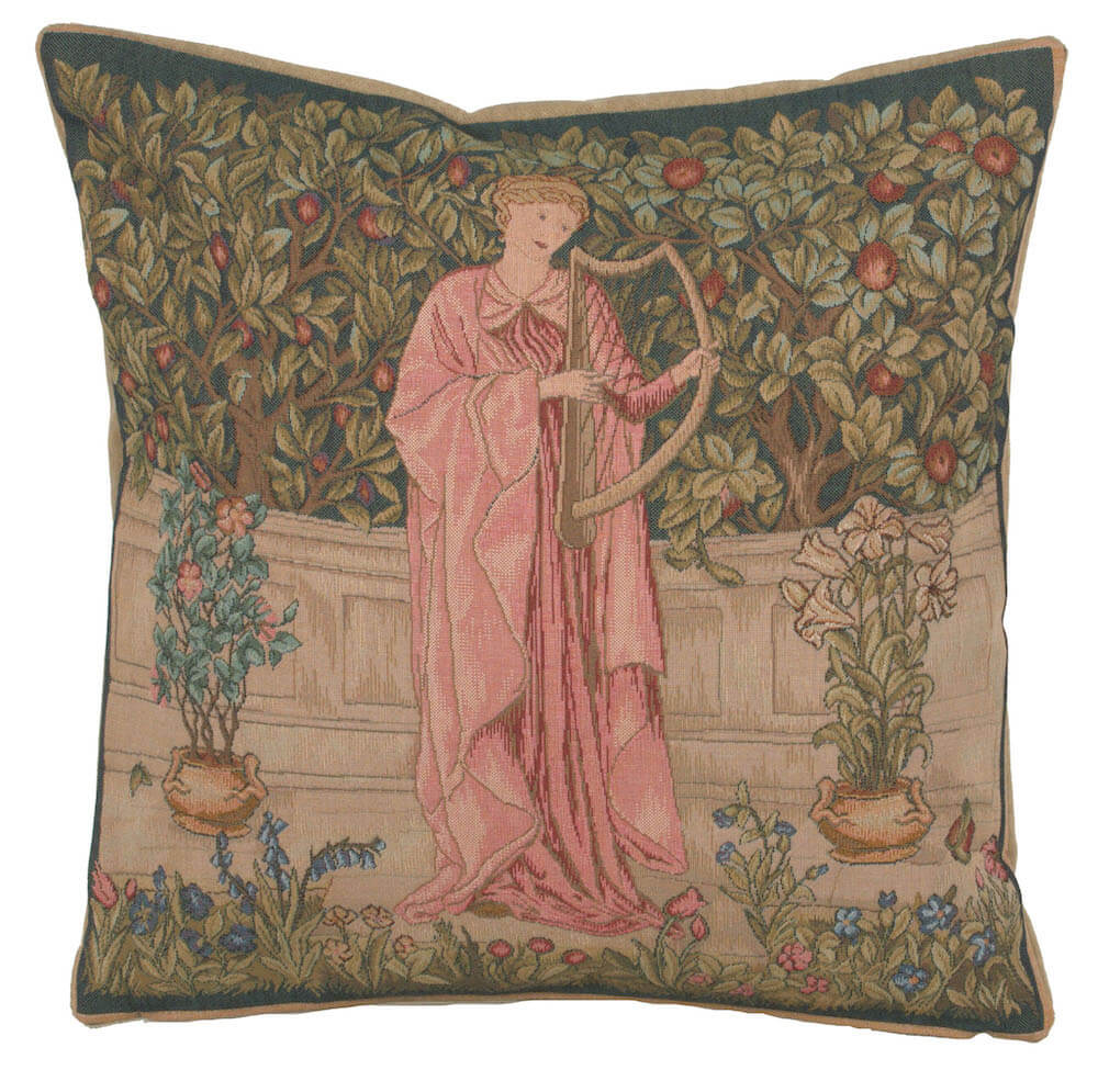 Menestrel pillow cover woven in France, inspired by William Morris, in green tones, with a jacquard weave