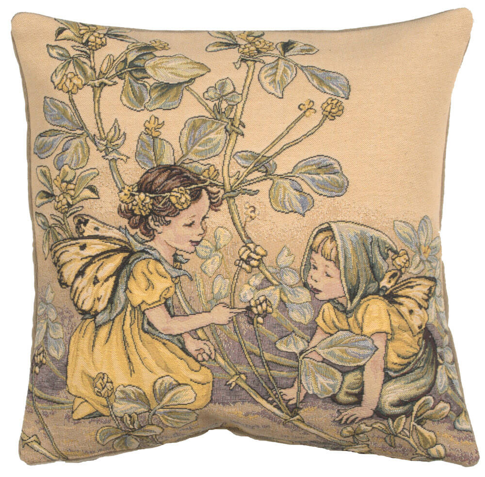 Black Medick Fairy Cicely Mary Barker I pillow cover woven in Belgium, in cream tones, with a jacquard weave