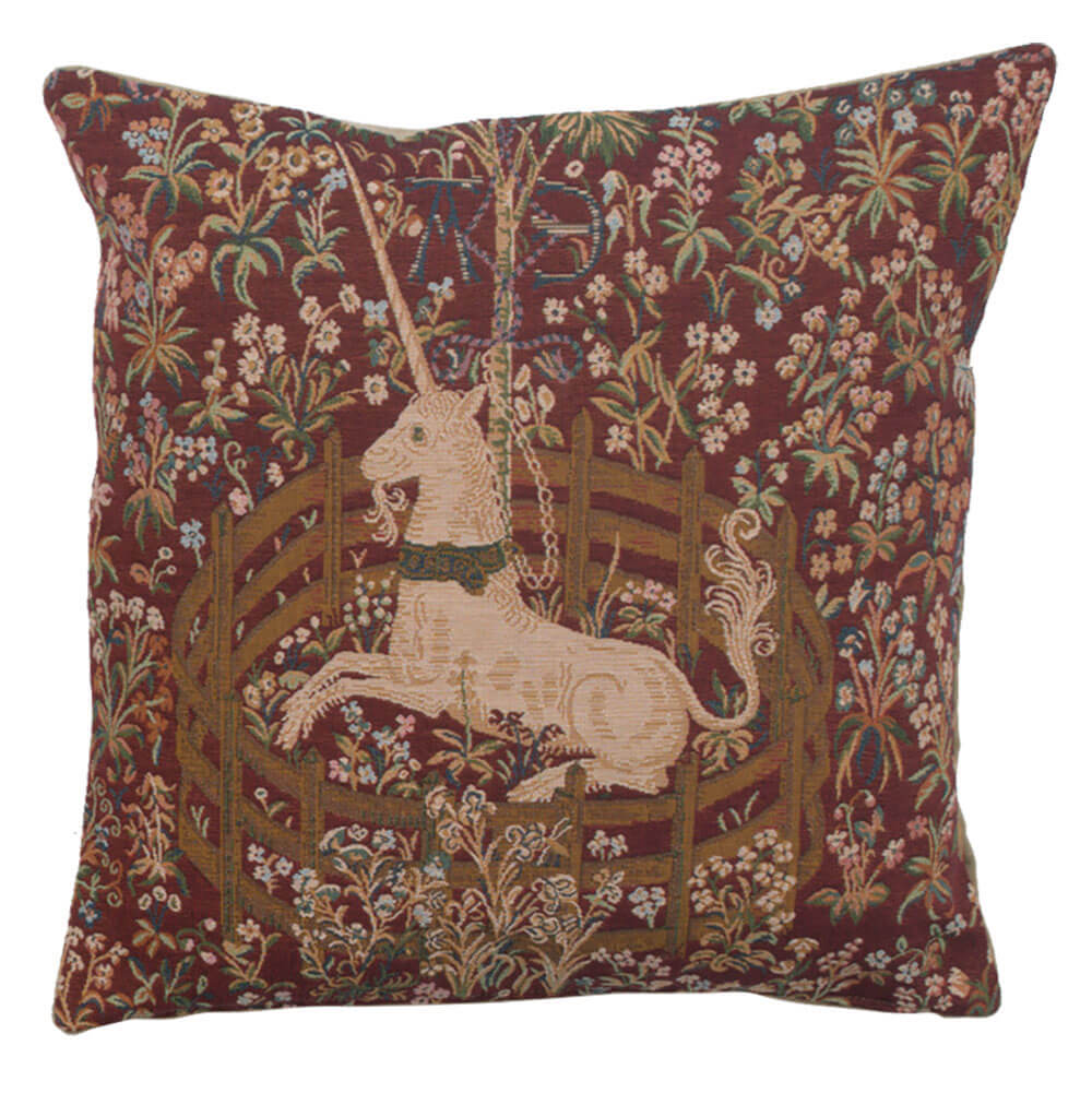 Licorne Captive In Red I pillow cover woven in France, with a unicorn design in red tones, with a jacquard weave