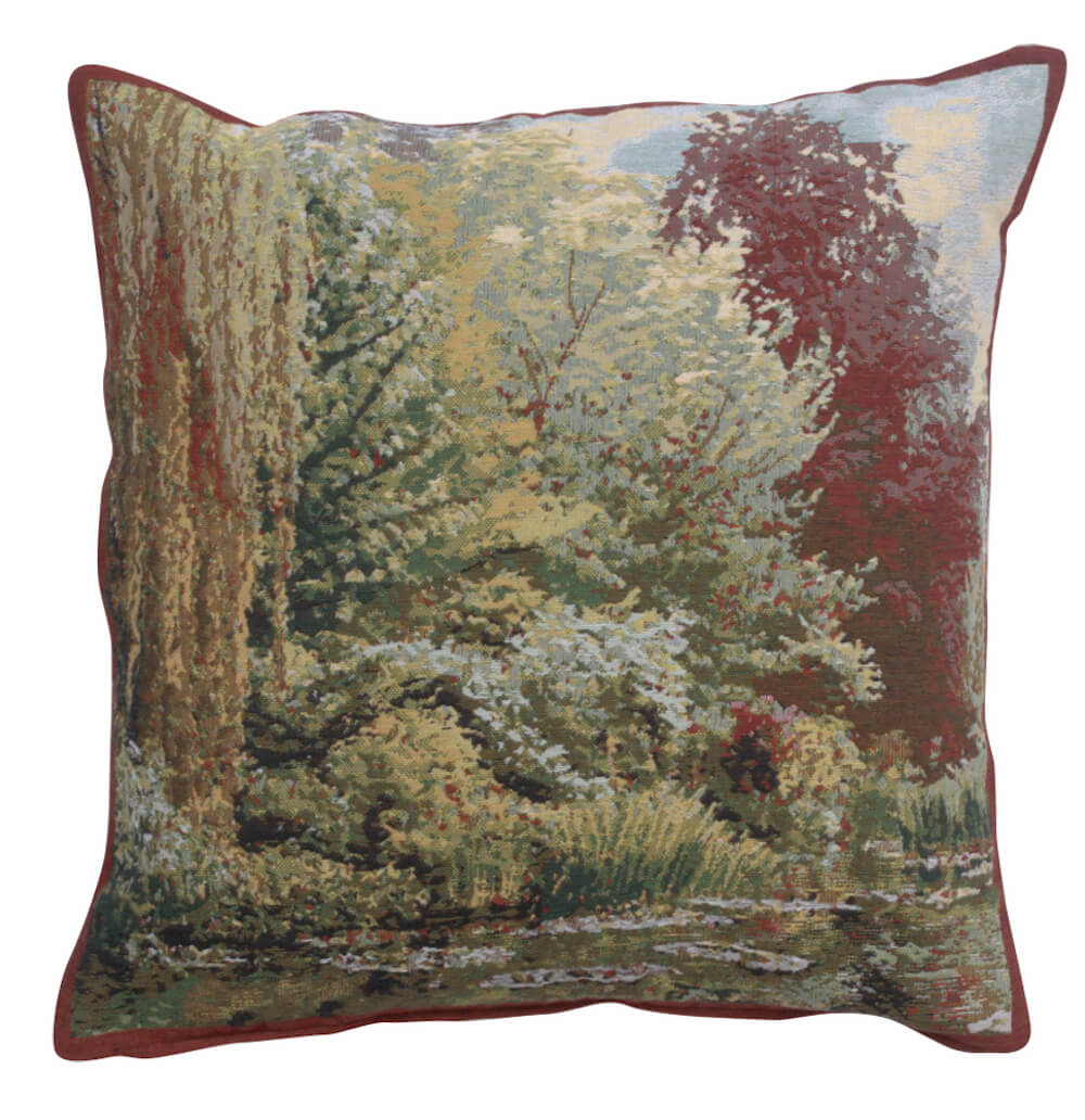Trees Monet's Garden pillow cover woven in Belgium, with a landscape design in green tones, with a jacquard weave